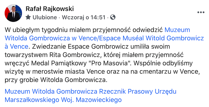 SejmikMaz's tweet photo. 🟠 Wicemarszalek #Mazowsze Rafał #Rajkowski odwiedził Muzeum Witolda Gombrowicza w Vence/Espace Muséal Witold Gombrowicz à Vence. 🗨️'Zwiedzanie Espace Gombrowicz umiliła swoim towarzystwem Rita Gombrowicz, której miałem przyjemność wręczyć Medal Pamiątkowy "Pro Masovia"' ⤵️ https://t.co/7MMHQbUPfW