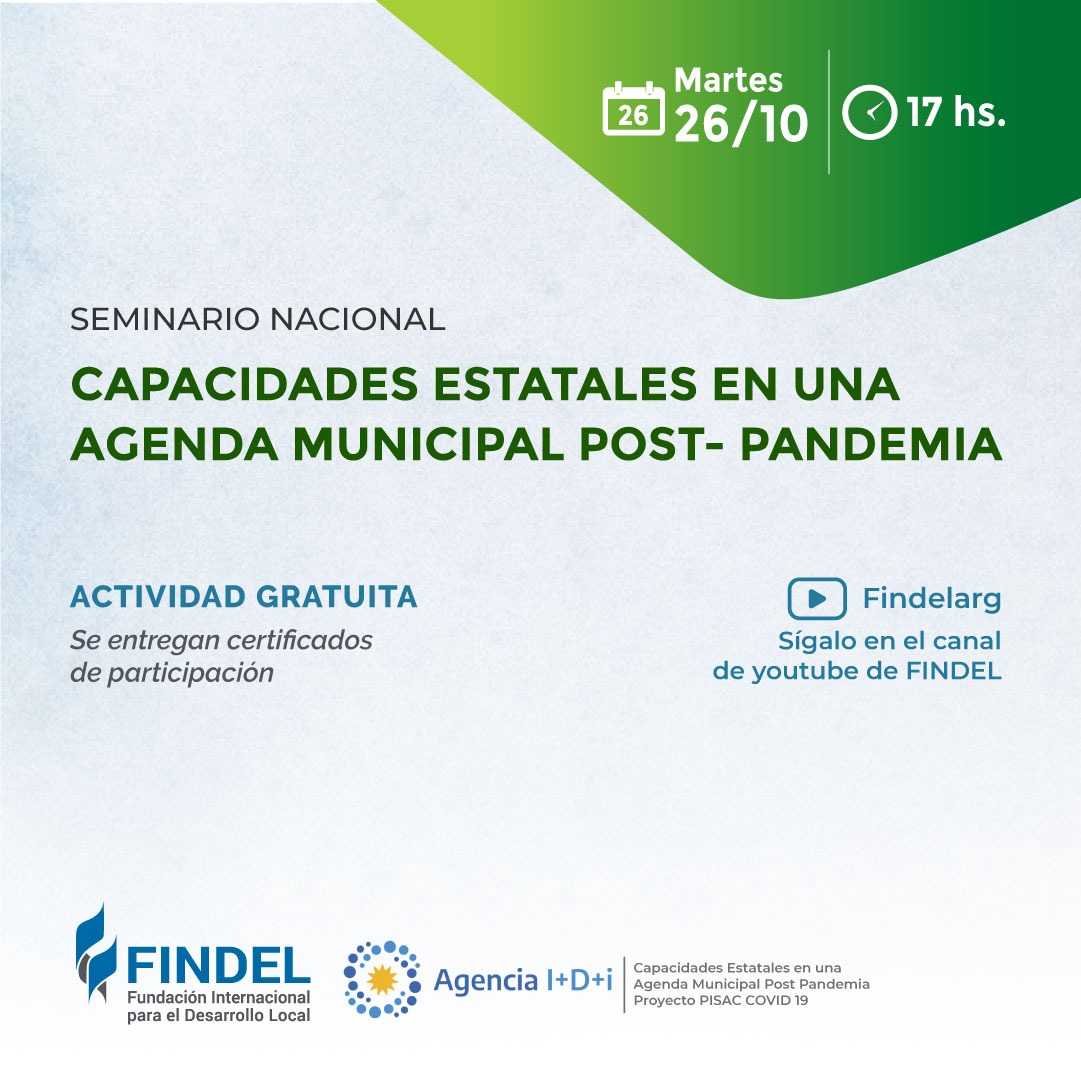 🗣Capacidades estatales en una agenda municipal Post-Pandemia 

#SeminarioNacional 

📅Martes 26/10 17hs 

Co-organizado con Agencia I+D+i Proyecto PISAC-COVID 19 

Inscribite por acá:
agendamunicipal.eventbrite.com.ar