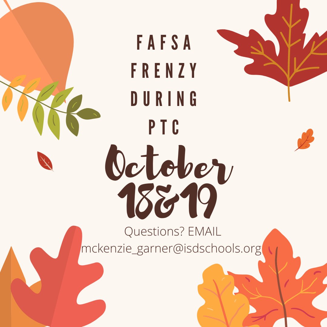 1 on 1 FASFA help available again tonight 3:30-7 in the library