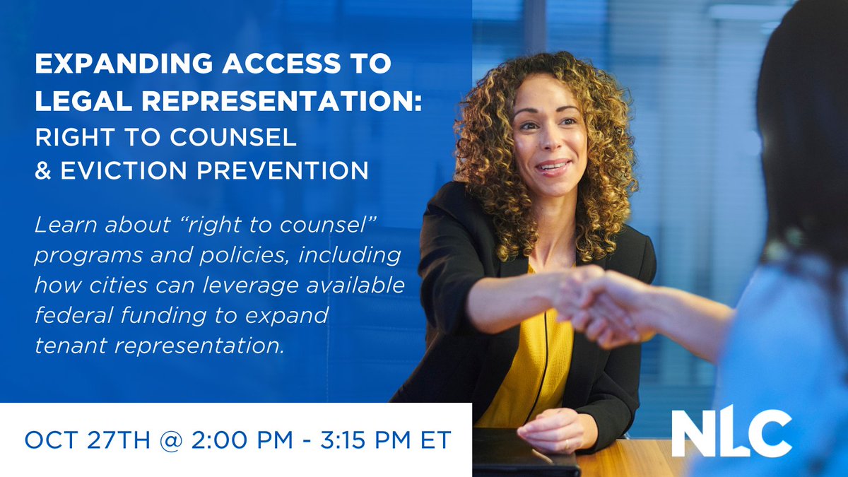 OCT 27 @ 2PM ET: Join NLC and @TheNCCRC to hear from multiple cities about their journey to expand equitable access to legal representation for residents through right to counsel. Register now: https://t.co/TJoyvG2Qkf https://t.co/TywYDX3Enz