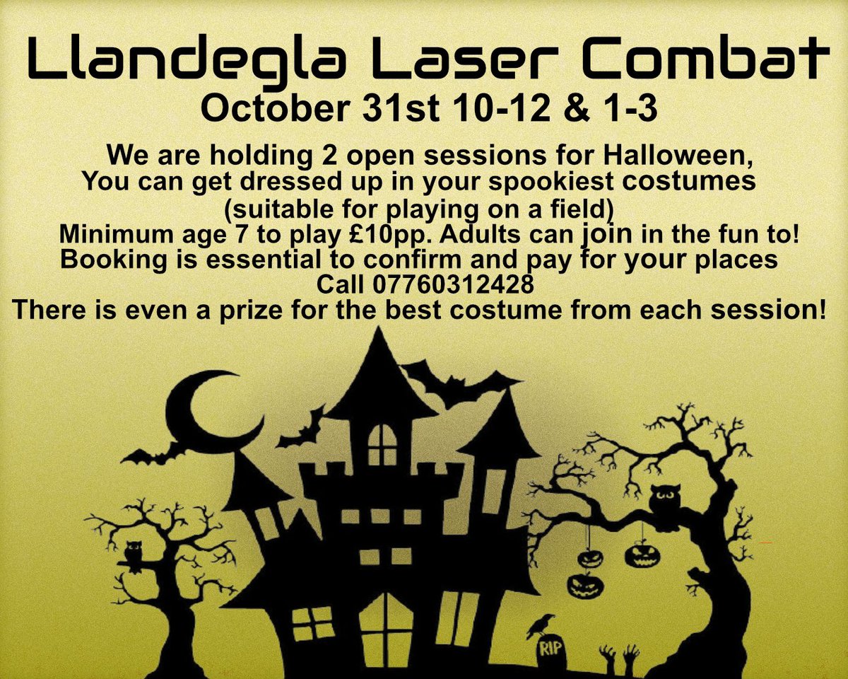 🎃👻 HALLOWEEN OPEN SESSIONS 👻🎃

We now have limited availability for our Halloween open sessions on the 31st October. You can get dressed up in your spookiest costume. One fancy dress person from each session will win a prize
#lasertag #Halloween