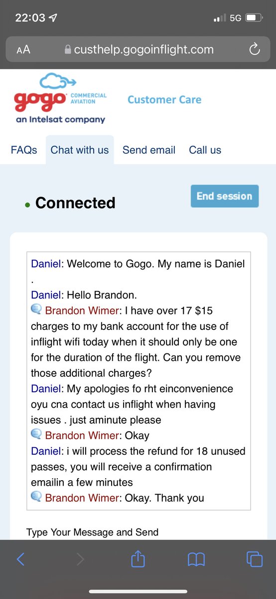BrandonWimer's tweet photo. @Gogo where’s the $270 you promised to refund me for the multiple charges for inflight wifi? I’d like my money back please. https://t.co/gEO1MpxUGy