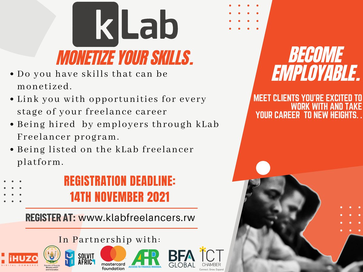Are you a freelancer?
Find opportunities for every stage of your freelance career.
By joining this program, you can be hired by the employers through  kLab freelancer program.

Please register through klabfreelancers.rw
DON’T MISS THIS CHANCE.