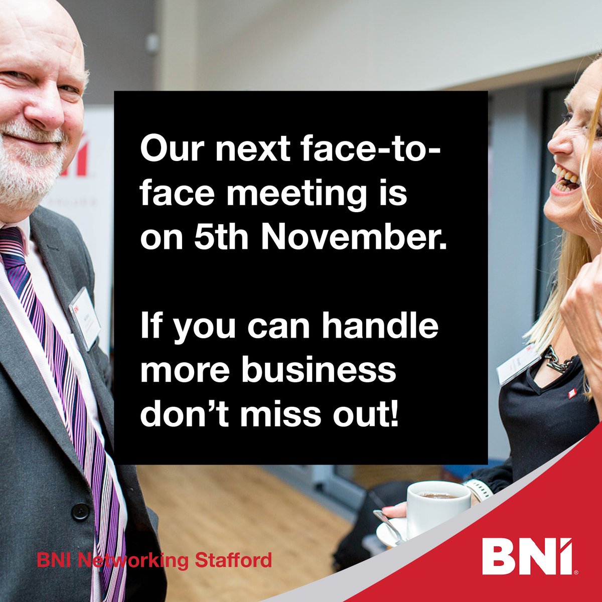 BniStafford's tweet photo. Our next face-to-face meeting is on Friday 5th November at Stafford Rugby Club. If you can handle more business visit the website to register: 

https://t.co/TLf5BhbDv5

#bnistafford #networkingstafford #localbusiness #businessnetworking #bni https://t.co/R2wT4HSQxP