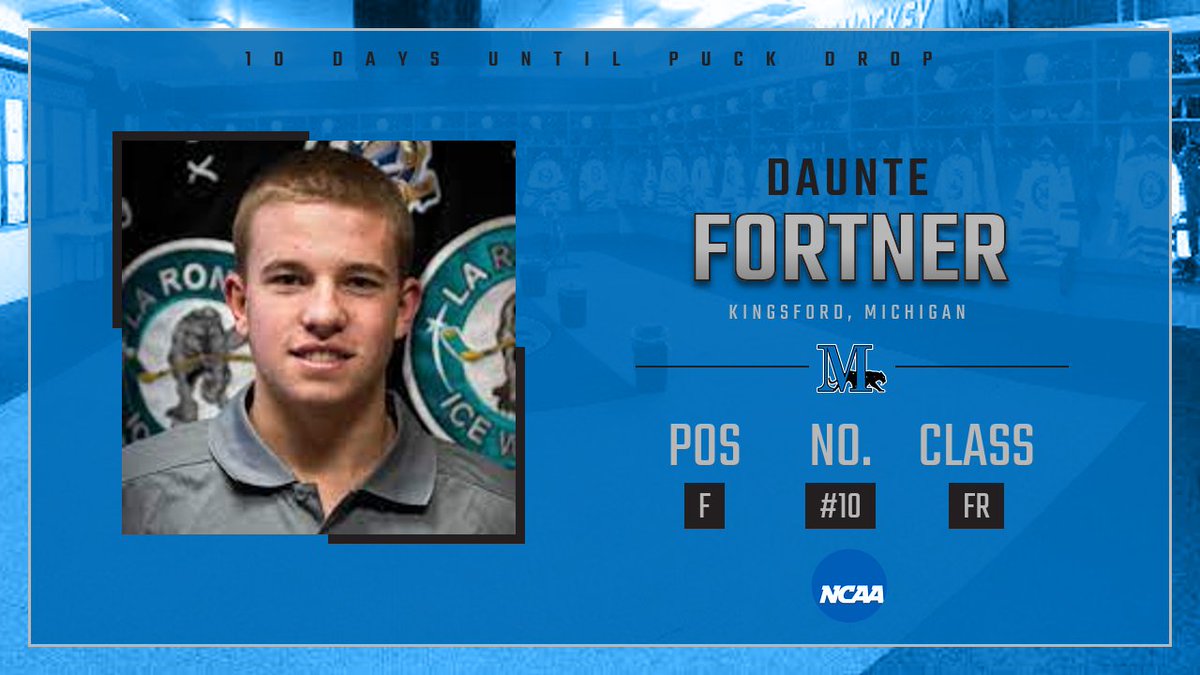 COUNTDOWN TO PUCK DROP

Time to introduce our sixth freshman. Last played for the @PHC_NCDC_USPHL in the <a href="/USPHL/">USPHL</a> 
A forward from Kingsford, Michigan 🇺🇸
#10 <a href="/FortnerDaunte/">Daunte Fortner</a> 
 
📸 Photo Credit to <a href="/SJHL_IceWolves/">La Ronge Ice Wolves</a>