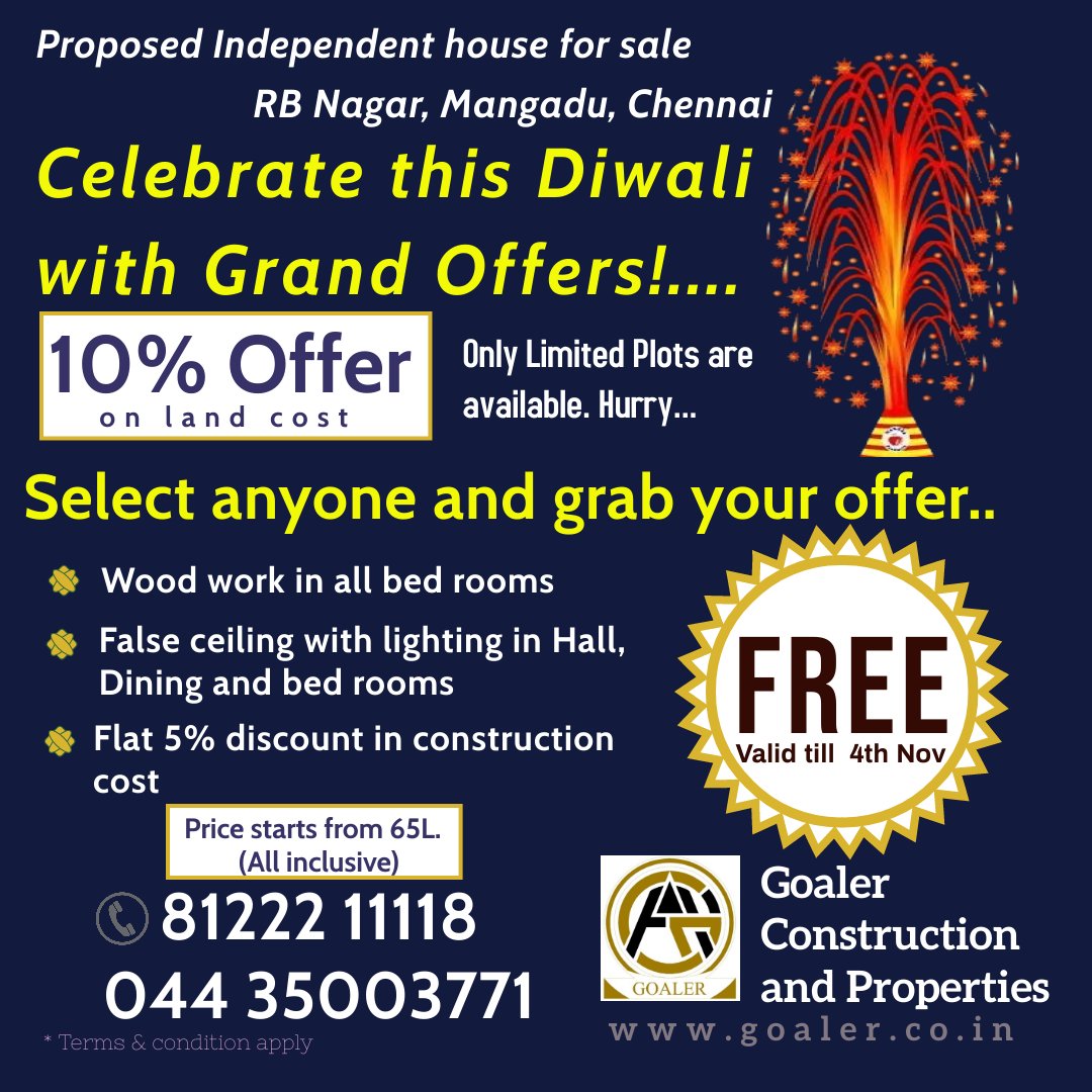 GoalerConstruct's tweet photo. Celebrate this Diwali by booking of Independent/ individual house in RB Nagar Mangadu. Flat 10% offer on land cost and get more attractive offers in construction. https://t.co/SlstF7PdXi