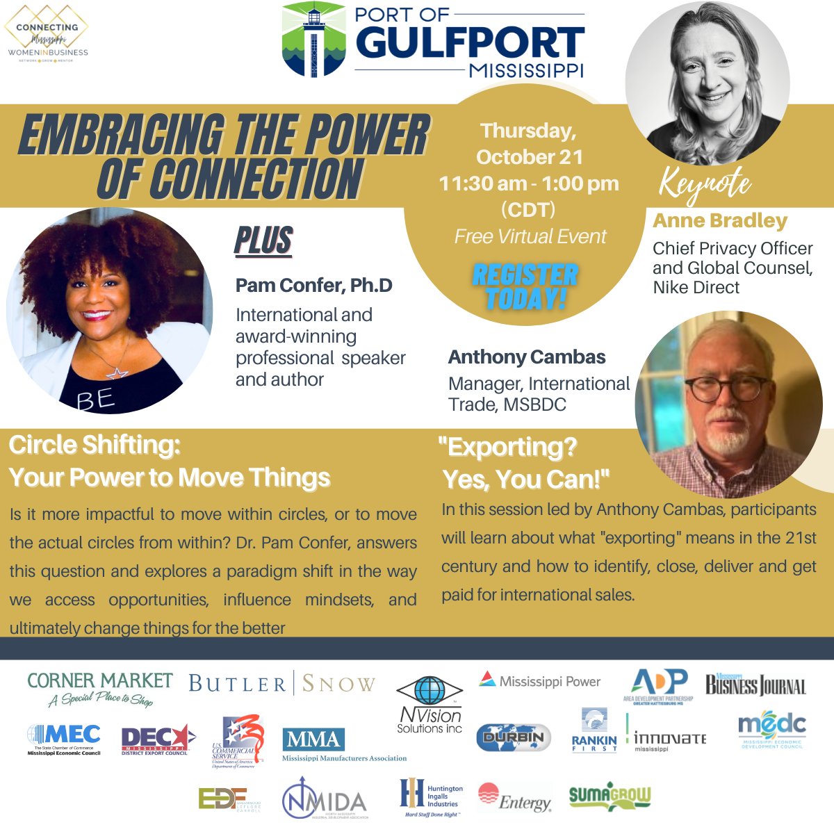 Here are two of our workshop leaders for this Thursday, 10/21, virtual event! Pam Confer, Ph.D. educates on "Circle Shifting: Your Power to Move Things" and Anthony Cambas, LCB, CCS, CGBP, Certified CGBP Trainer walks through the steps to exporting. 

my.eventcadence.com/e/connecting-m…