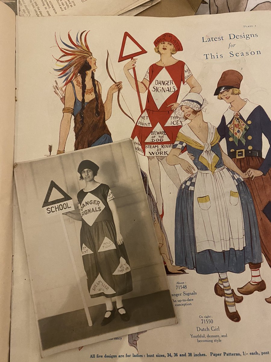 One of fave things to do is buying 1920s fancy dress photographs and comparing them to the Weldon’s fancy dress designs. Today’s find is Danger Signals (An up-to-date conception) with the wearer deciding to make a longer dress and custom danger signs ⚠️ ⛔️