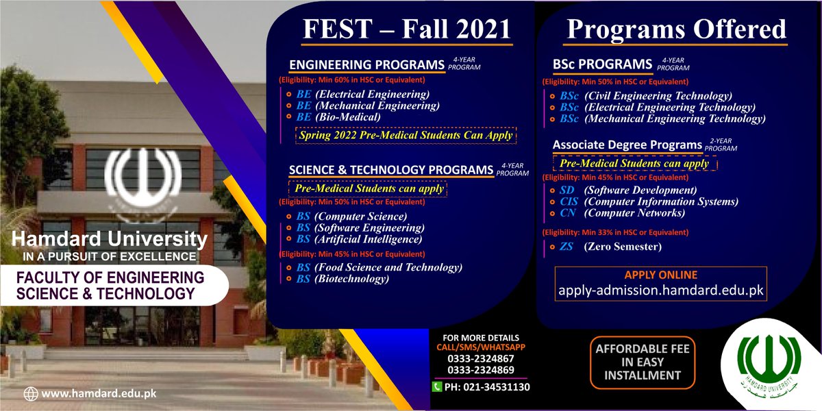Iqbalsound's tweet photo. Apply now on:
https://t.co/MzjrSjZxlz
website: https://t.co/BKMGOxpHfQ
Main Campus: 021-36440041-42
City Campus: 021-34531130, 0333-2324369
#FEST #HamdardUniversity #IAmHamdard #AdmissionsOpen #TeamHU #Admissions2021 #Fall2021 #Education #university #karachi https://t.co/89CBOEXXUf