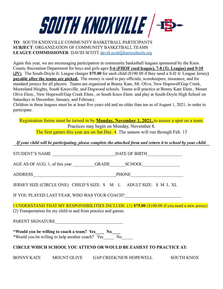 CoachDavidScott's tweet photo. Be a part of #SoKnoBball! South-Doyle Jr. Pro signups are going on right now. Check with the office or your teacher to get a form. Elementary age groups for boys and girls are K-1st, 2nd-3rd, 4th-5th. There will also be a boys divisions in Middle School. Turn in form by Nov. 1 https://t.co/0jPnnw2swQ