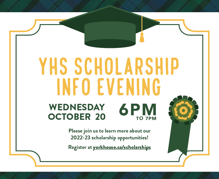 Scholarship available to an alumna’s relative who is a current or incoming Grade 8-10 student. Learn more at our Scholarship Information Evening on Wed. Oct 20 at 6:00 pm. Register at yorkhouse.ca/scholarships #YHSAlum #myYHS