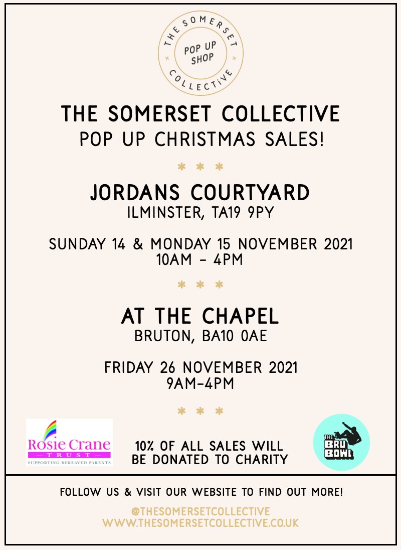 The Somerset Collective (@somcollective) on Twitter photo 🎄 Excited to say we have TWO Christmas pop up sales coming up - at Jordans Courtyard near Ilminster AND in <a href="/At_the_Chapel/">At the Chapel</a> in Bruton.
🎄 Visit our website to find out about the venues, the sellers and the charities we are raising money for. thesomersetcollective.co.uk/OUR-EVENTS 🎄 Excited to say we have TWO Christmas pop up sales coming up - at Jordans Courtyard near Ilminster AND in <a href="/At_the_Chapel/">At the Chapel</a> in Bruton.
🎄 Visit our website to find out about the venues, the sellers and the charities we are raising money for. thesomersetcollective.co.uk/OUR-EVENTS