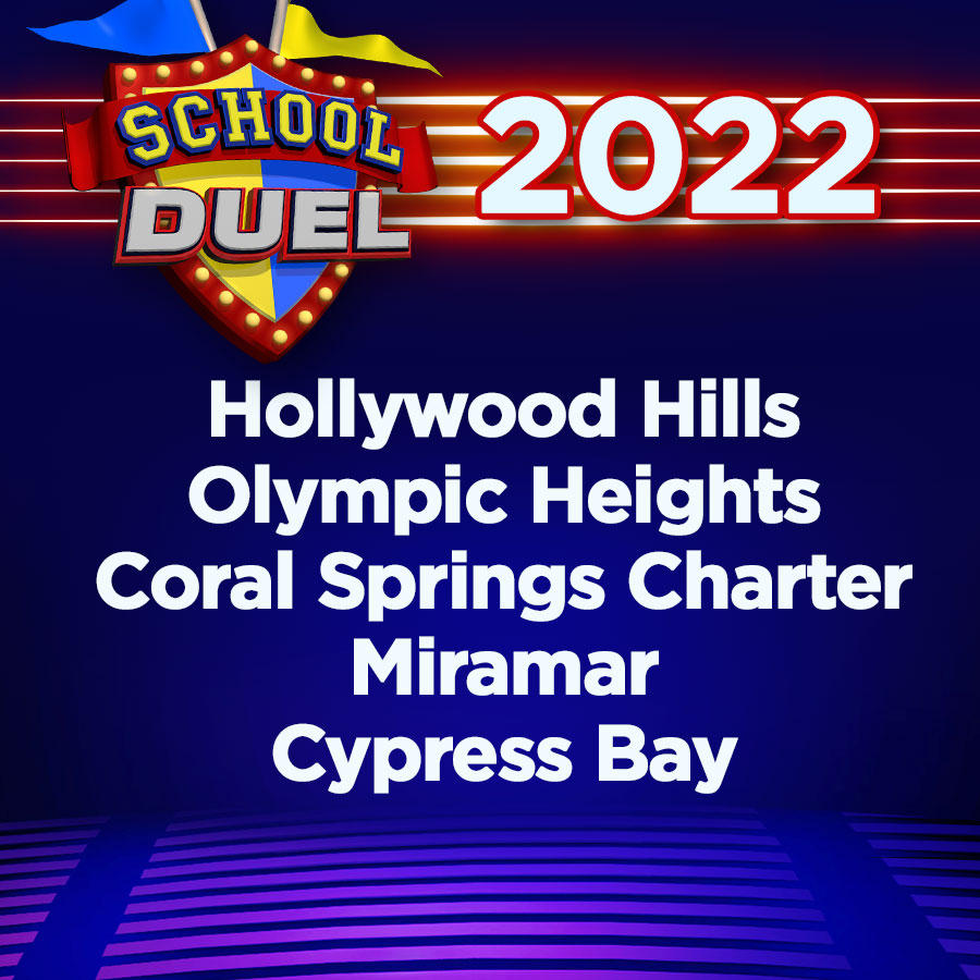 SchoolDuel's tweet photo. Here we go.... In no particular order, here are the next 5 schools of #SchoolDuel 2022!

Congratulations to #HollywoodHillsHigh, #OlympicHeightsHigh, #CoralSpringsCharter, #MiramarHigh &amp; #CypressBayHigh!

Come back tmrw to see the next 5 schools!

@BECONTV @LISALEEINC @msformoso https://t.co/VeZL2bXfMy