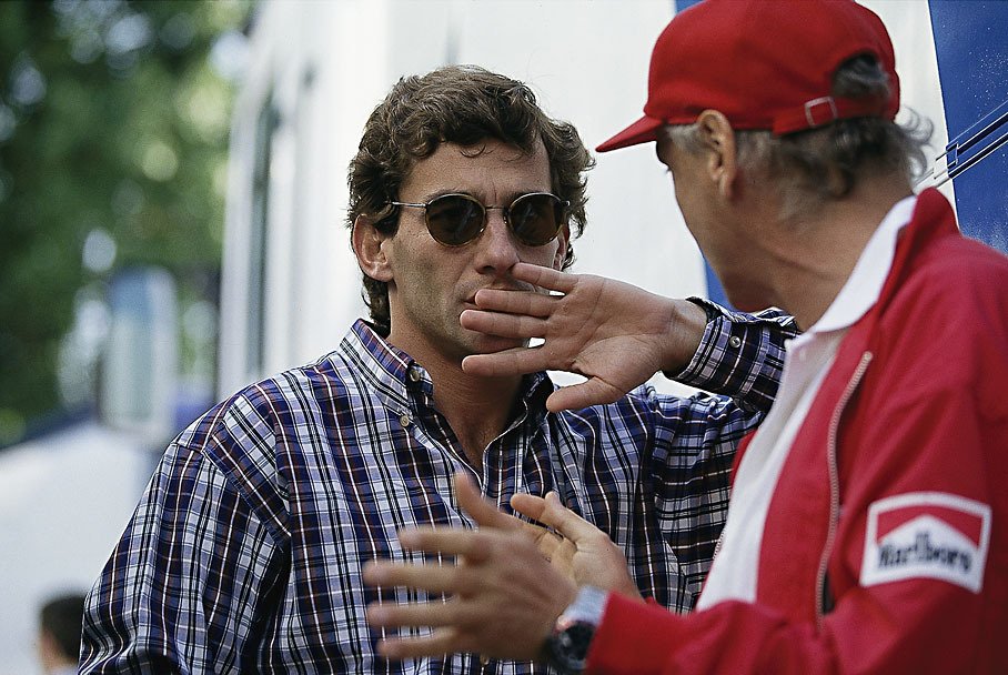 NuvolariTazio1's tweet photo. Ayrton Senna & Niki Lauda. May 1, 1994. Imola paddock. 📷Rainer W. Schlegelmilch. https://t.co/JLrTbhYfeO