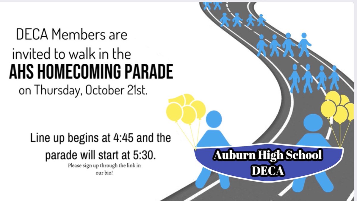 auburn_DECA's tweet photo. We are so excited about walking in the AHS Homecoming Parade on Thursday, October 21st and would love for you to join us! The sign up form can be found on our LinkTree in our bio! We will line at 4:45 and will begin walking at 5:30! #aldeca https://t.co/AFKXwYy7z9