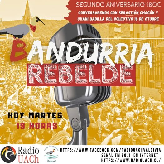 AsambleaComunal's tweet photo. No te pierdas el programa de hoy. Estaremos con lxs compas del Colectivo 18 de octubre conversando del 2do aniversario 18O.
#larevueltacontinua
#radiouach
#colectivo18deoctubre
#Valdiviacl https://t.co/cZ3Eo7ulsS