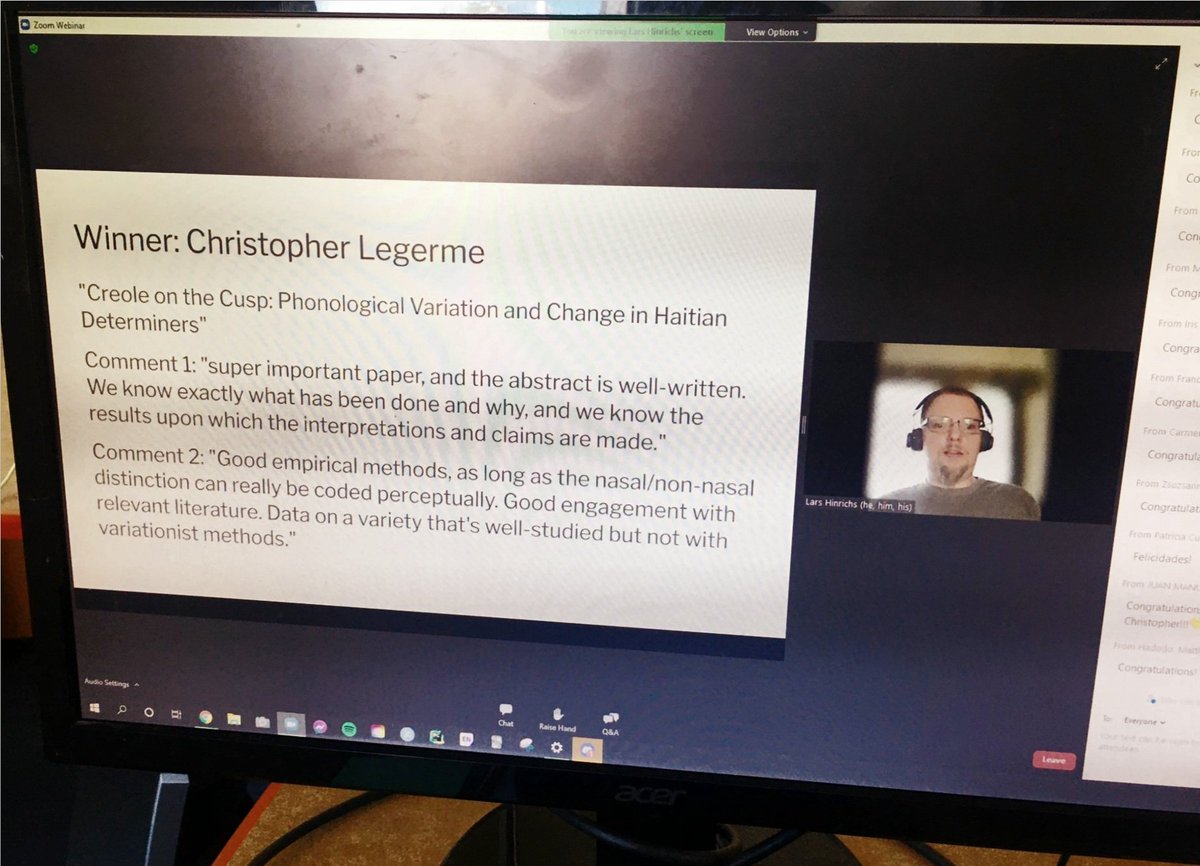 Thanks so much <a href="/nwav49/">NWAV 49</a> for the Student Abstract Award !! 
Creole languages are changing in cool and insightful ways, and I look forward to talking more about this with you all. Cheers!
