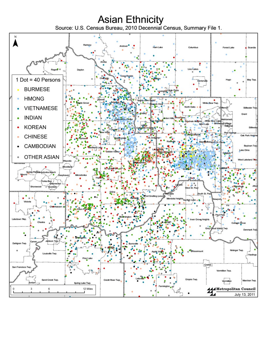 MetroGram's tweet photo. From 10 years ago, great data from #Census. This was a popular map= geog patterns of Asian ethnic pop. in #MSP. Hmong community is large and concentrated in #stpaul, #NMpls.
Entirely different pattern of dispersion of Korean-Americans. Historical reasons, both cases. (1/4) https://t.co/X8HgnN7vwa