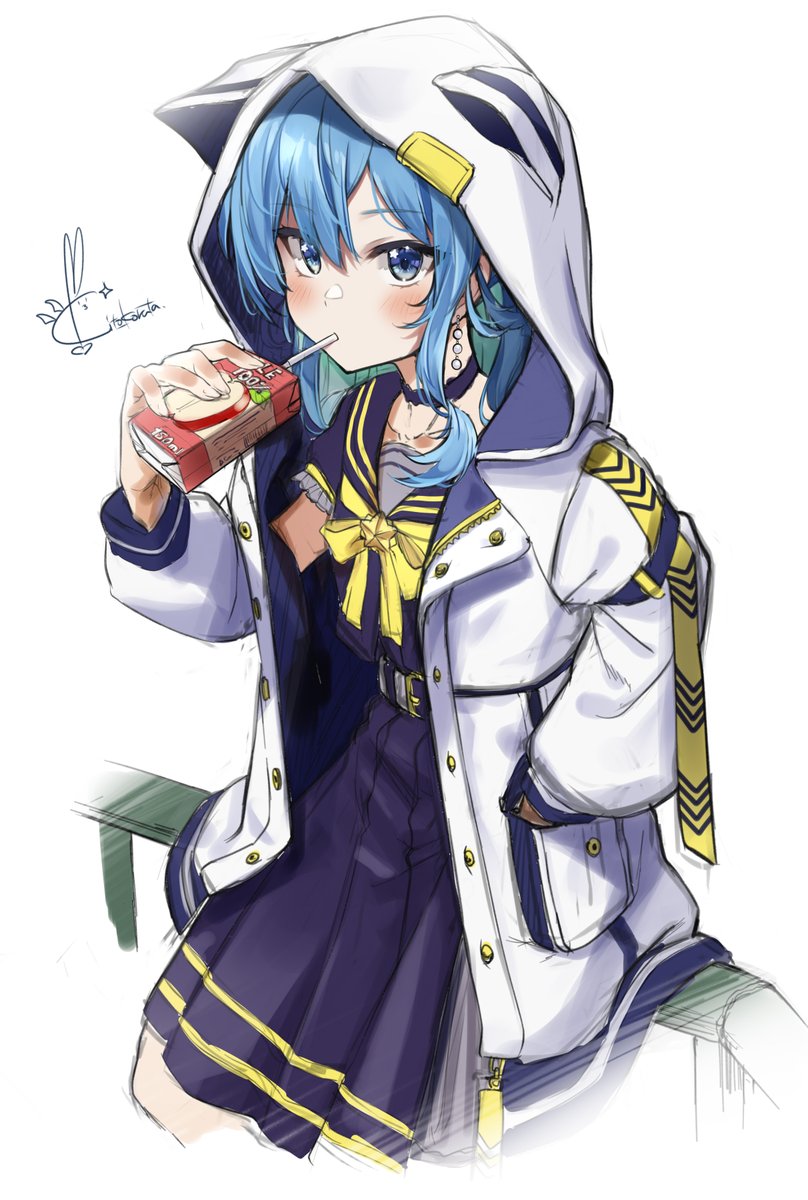 hoshimachi suisei 1girl solo blue hair hood up hood juice box blue eyes  illustration images