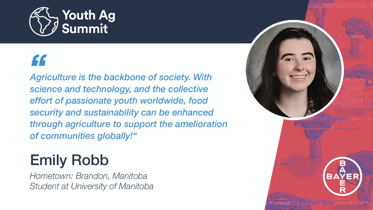 Crop Science Canada (@bayer4cropsca) on Twitter photo Meet Emily Robb from Brandon, MB, who’s representing Canada at this year’s virtual Youth Ag Summit! As a <a href="/4HCanada/">4-H Canada 🍀🇨🇦</a> member with deep roots in #Ag and passion for research, Emily is committed to driving agroecological modernization in food production! #AgvocatesWithoutBorders Meet Emily Robb from Brandon, MB, who’s representing Canada at this year’s virtual Youth Ag Summit! As a <a href="/4HCanada/">4-H Canada 🍀🇨🇦</a> member with deep roots in #Ag and passion for research, Emily is committed to driving agroecological modernization in food production! #AgvocatesWithoutBorders