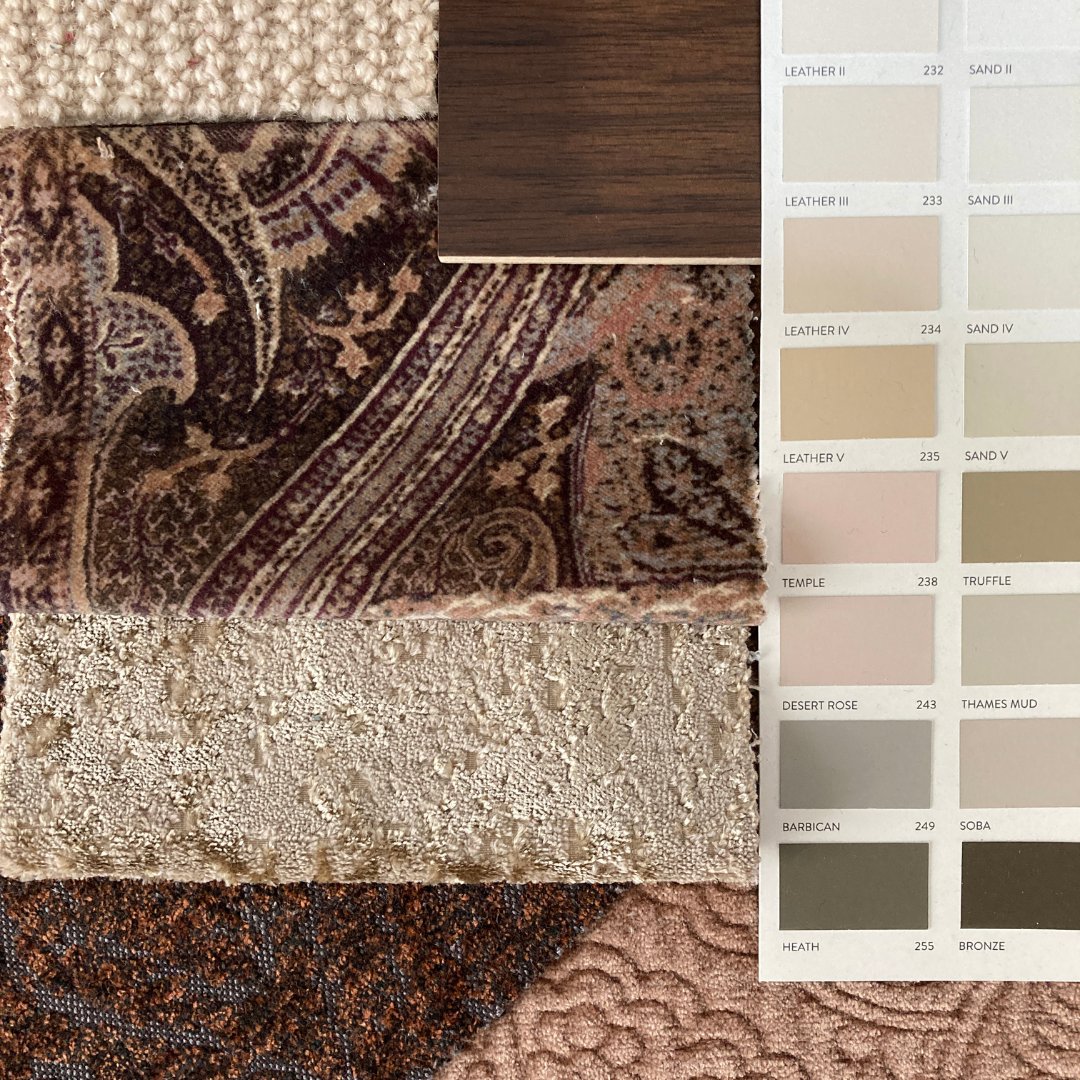 Who loves warm cocooning spaces at this time of year. 
This 'Down to Earth' mood board of dusky pinks, rich mahogany browns embraces warmth and sophistication.
                
Kashmir - Mulberry
Nimbus - Sand
Tzar - Molasses
Kasbah - Dickens Pink

#flatlay #fabric #luxury