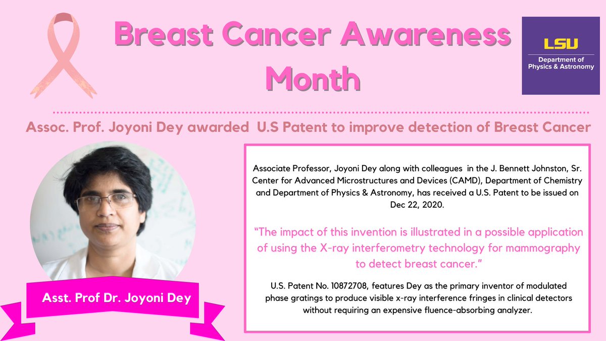 LSUphysastro's tweet photo. Assoc. Prof. Joyoni Dey awarded U.S Patent to improve detection of breast cancer on Dec. 22,2020.

“The impact of this invention is illustrated in a possible application of using the X-ray interferometry technology for mammography to detect breast cancer."

#YourQuestionNext https://t.co/aLA5PmJJXb