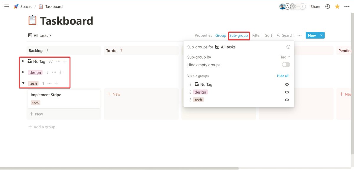 NotionBoost's tweet photo. News: Notion is adding "sub-groups" to Kanban board to make it more versatile💪. 
Did you also notice new background color for groups 👀 https://t.co/BMgEz0SqPc