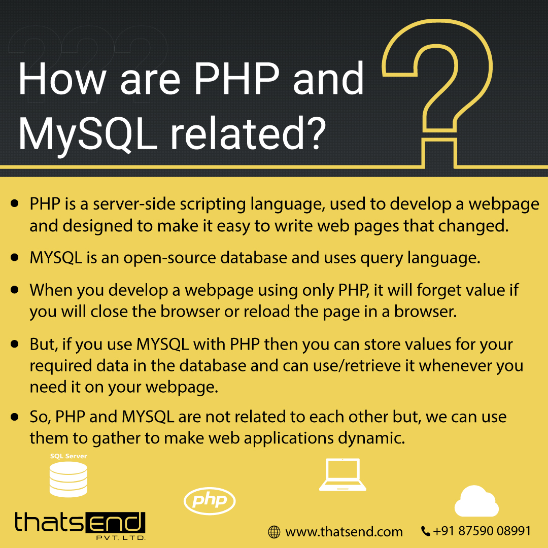 How are PHP and MySQL related?🤔
.
.

#PHP  #phpdeveloper #phpprogramming #phpprogrammer #MySQL #mysqldatabase #phplanguage #webdevelopment #webdeveloper #webservers #websecurity    #programming #programmer #backenddevelopment #programminglanguages  #programmingbeginner