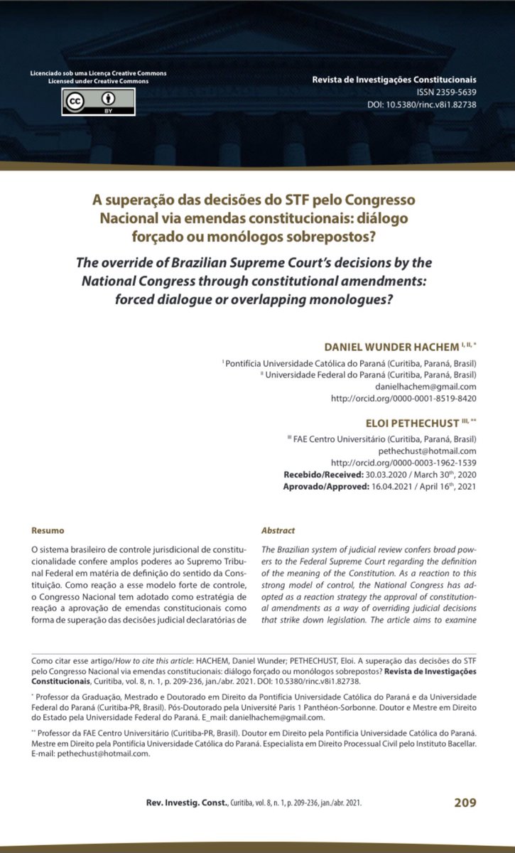 DanielWHac's tweet photo. Compartilho artigo de acesso aberto que publicamos na @RincUFPR sobre a superação das decisões do STF pelo Congresso Nacional via emendas constitucionais. Disponível aqui: https://t.co/b05oi3XBAJ https://t.co/BpcFzoA0jM