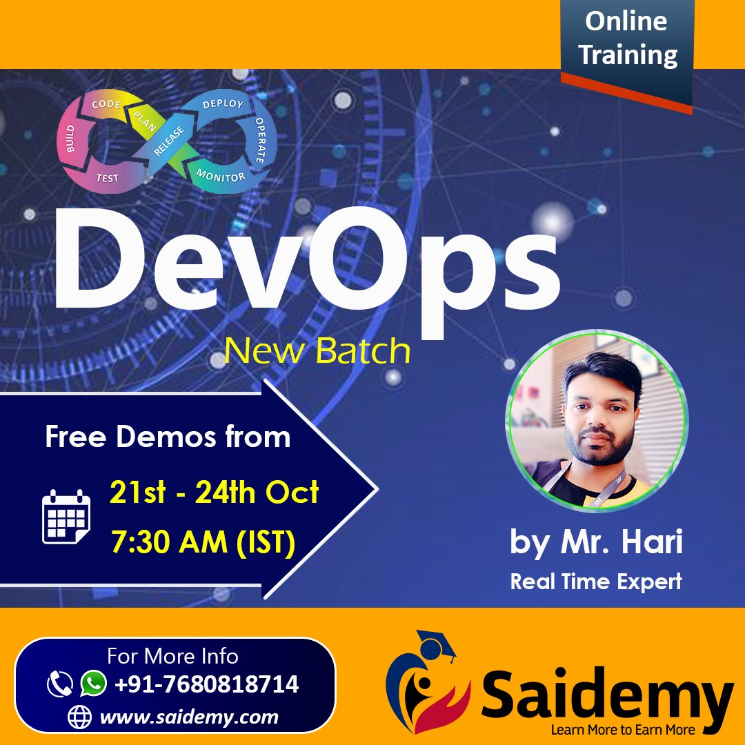 Saidemy3's tweet photo. Interested Candidates can Call / WhatsApp us on +91-7680818714 (Or) Mail us : onlinesaidemy@gmail.com for more details regarding the course#devopsengineer #DevOps #devopstraining  #devopsjobs #ITCourses  #devopstools #awsdevops #devopscourse #devopsmaster #cloudcomputing #saidemy https://t.co/Fyva2HBO1s