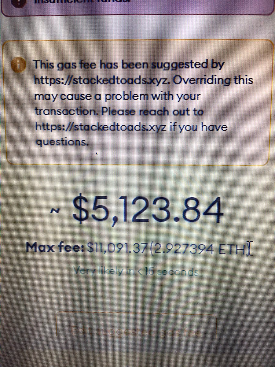 ScottAl72097704's tweet photo. @StackedToads When will this be fixed? Unstacked toads high gas fees.  When will we see stacked toads reflect on the sight. https://t.co/IsIuWyE6g0