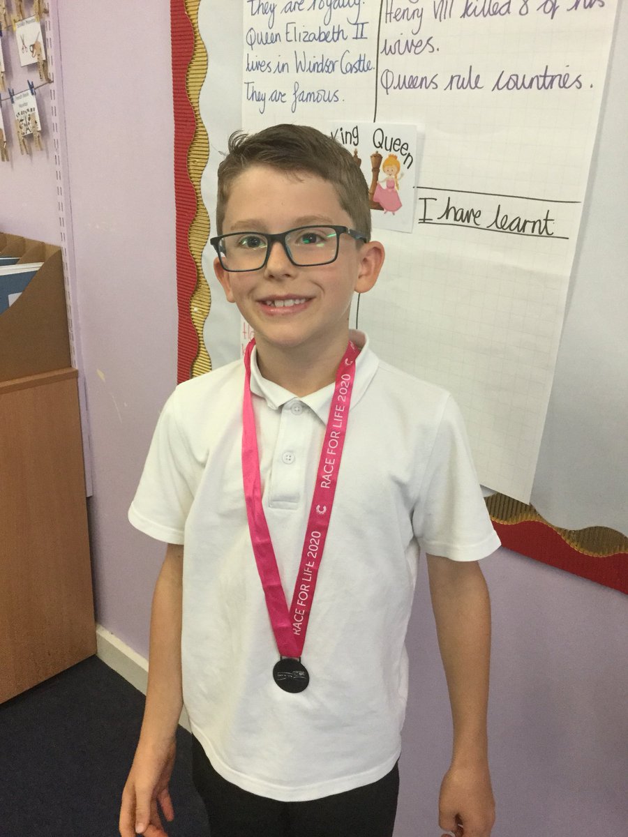 DockrellMiss's tweet photo. Next, I am so proud of this Young man’s achievement running the Race for Life last weekend. Such a worthy cause,  and it sounds like he had so much fun doing it too! Proudly wearing his medal. @AbbotsPrimary https://t.co/gHyYZGVOmF