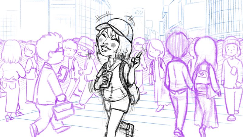 ラリー音聴きながら渋谷スクランブル交差点渡る草野華余子さんのイラスト。人混みとビル街描くのっていつもしんどい。#マツコの知らない世界  #卓球 