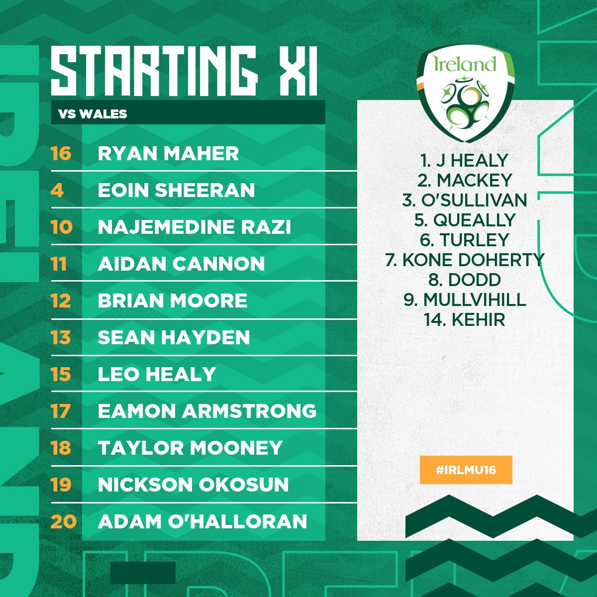 LINE-UP | 🇮🇪 v 🏴󠁧󠁢󠁷󠁬󠁳󠁿

#IRLMU16 back in action in the Victory Shield 🏆

A much-changed line-up for Paul Osam's team

⏰ KO 15:00

#COYBIG | #WeAreOne