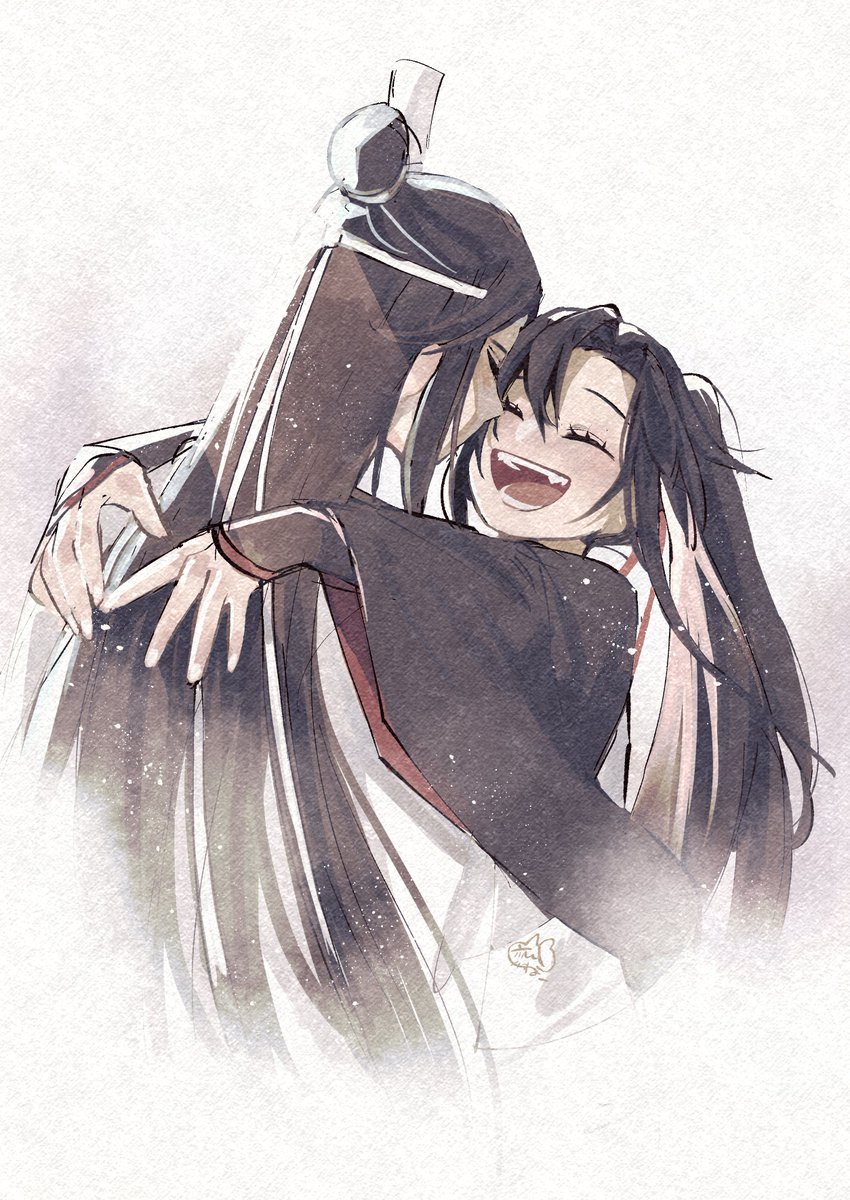 long hair multiple boys 2boys hug closed eyes black hair chinese clothes  illustration images