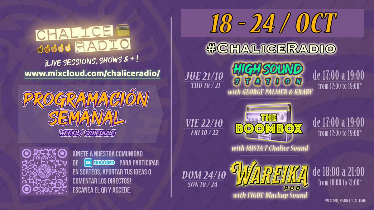 ChaliceSound's tweet photo. #ChaliceRadio
#weekly #semanalmente
https://t.co/cFR0Ogy6MW
18-24 OCT
πππππππ
#HighSoundStation #GeorgePalmer
#TheBoombox #MistaT #ChaliceSound
#WareikaPub @jordifigueras81 @BlackupSound
.
#ChaliceSound #mixcloud #live #radio #mixcloudlive #livestream #livestreaming https://t.co/fLJvow6CZf