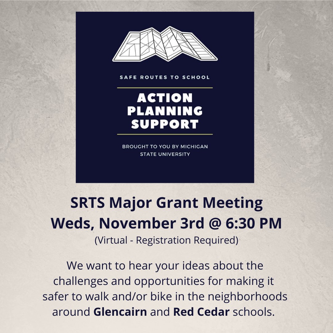 EL_SRTS's tweet photo. Mark your calendars and visit our website to register for the Glencairn &amp; Red Cedar Major Grant Meeting: https://t.co/yOgI4lsH8u                                    #SafeRoutesMI #EastLansing #ActiveKids #HappyKids #GetOutAndMove #Community https://t.co/Z4KFrZRNUw