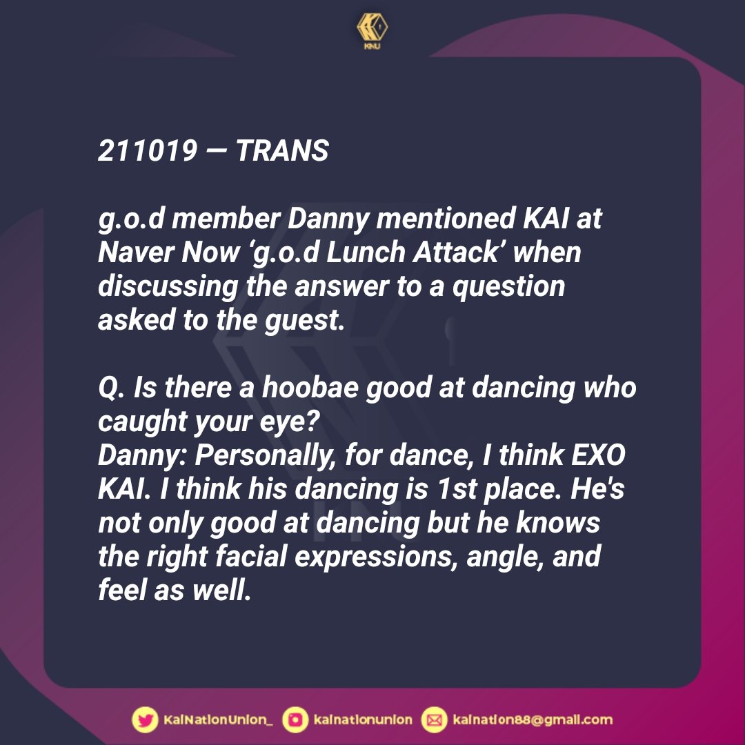 KaiNationUnion_'s tweet photo. [INFO] 211019 — g.o.d member Danny mentioned KAI at Naver Now. ‘g.o.d Lunch Attack’ when discussing the answer to a question asked to the guest.

"Danny: Personally, for dance, I think KAI. I think his dancing is 1st place."
#KAI #카이 #엑소카이 #IdolOfIdolsKAI https://t.co/IID2vvgC95