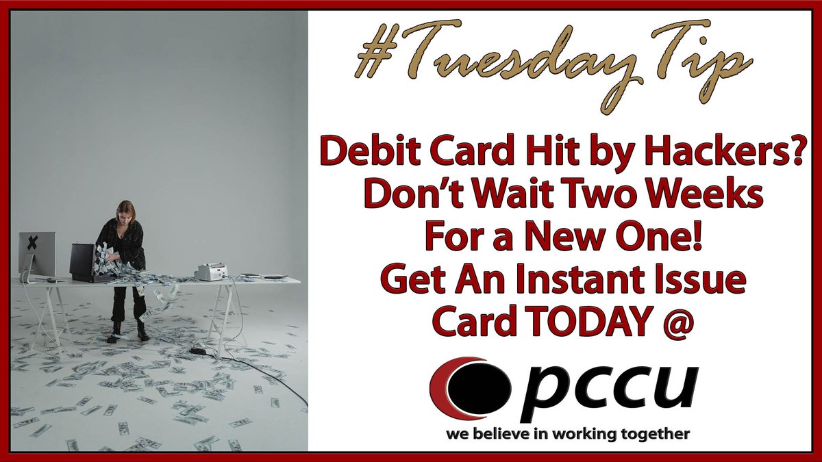 PerfectCircleCU's tweet photo. Debit card hit by hackers again? Tired of waiting two weeks to get a new card mailed to you? With Instant Issue at PCCU you can get a new debit card on the spot! #TuesdayTip #PCCU #InstantIssue #debitcardonthespot #whywait #webelieveinworkingtogether #UltimateChecking https://t.co/exsW40jlQd