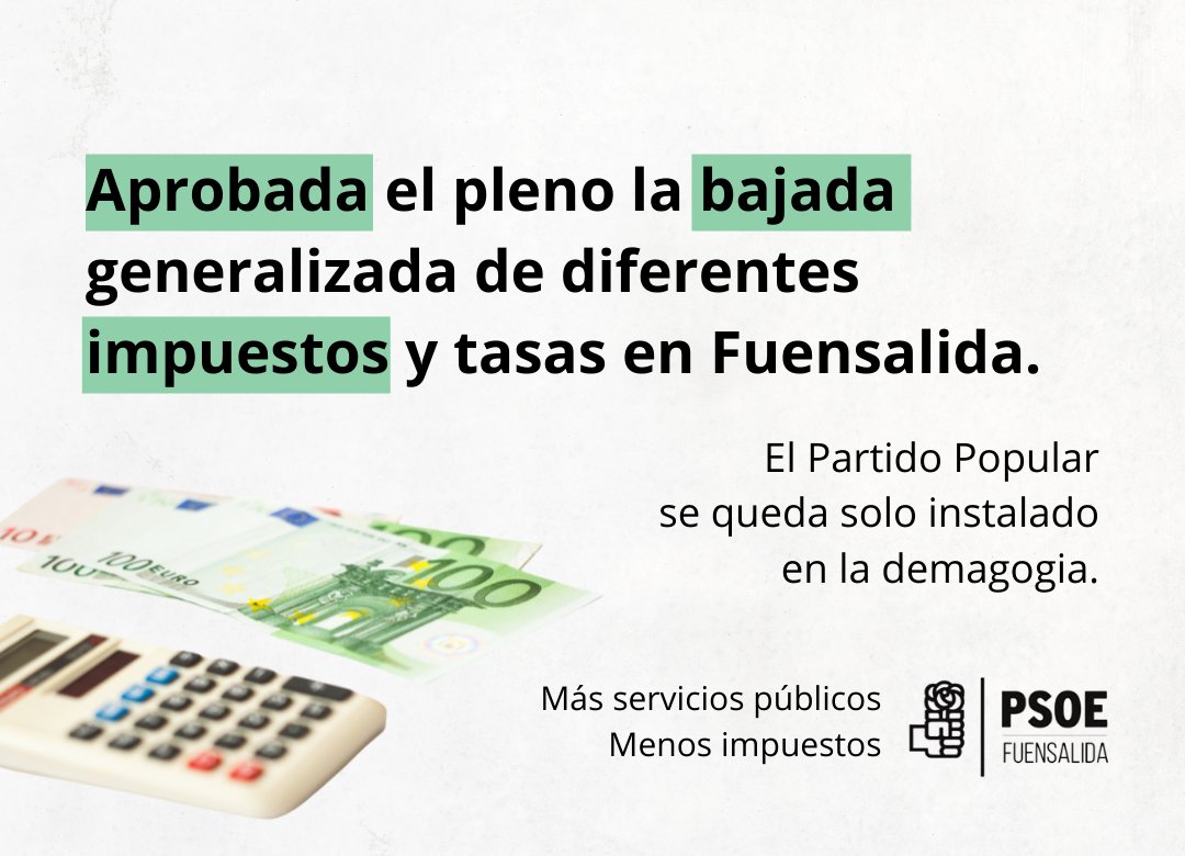 JSFuensalida's tweet image. ✅🏛 Aprobada el pleno la bajada generalizada de diferentes impuestos y tasas en Fuensalida.