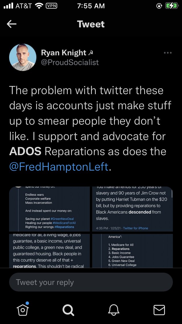 BlacksOrganize's tweet photo. LYING ass covert RACIST #RyanKnight said “Fred Hampton Leftist” SUPPORT #Reparations 4 Ados (DOAS), Remember?
He occasionally tweets the word “Reparations,” PRETENDING to support it. Then he elevates #scumbags like this, 2 SABOTAGE it. That’s his game.
Covert White Supremacist. https://t.co/HN5Uvp7w0h