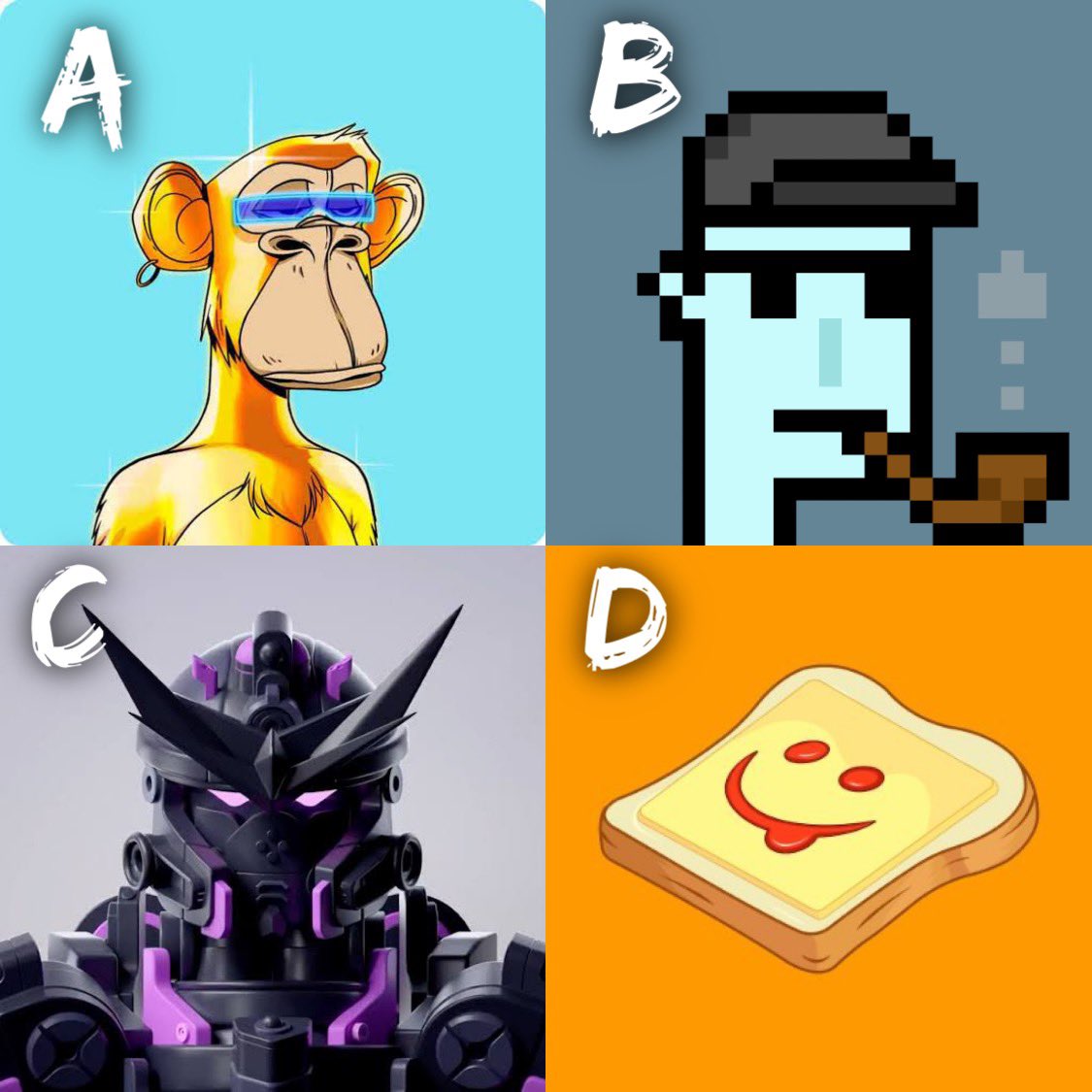 toastpunk's tweet photo. For 1 gazillion points 💎
Which #NFT would you?

Eat: __
Marry: __
Kill: __
Date: __

Extra points if you know their names and tag their official accounts.

Follow @toastpunk + RT + ❤️ if you enjoyed playing this. https://t.co/ALDVL6BXkl