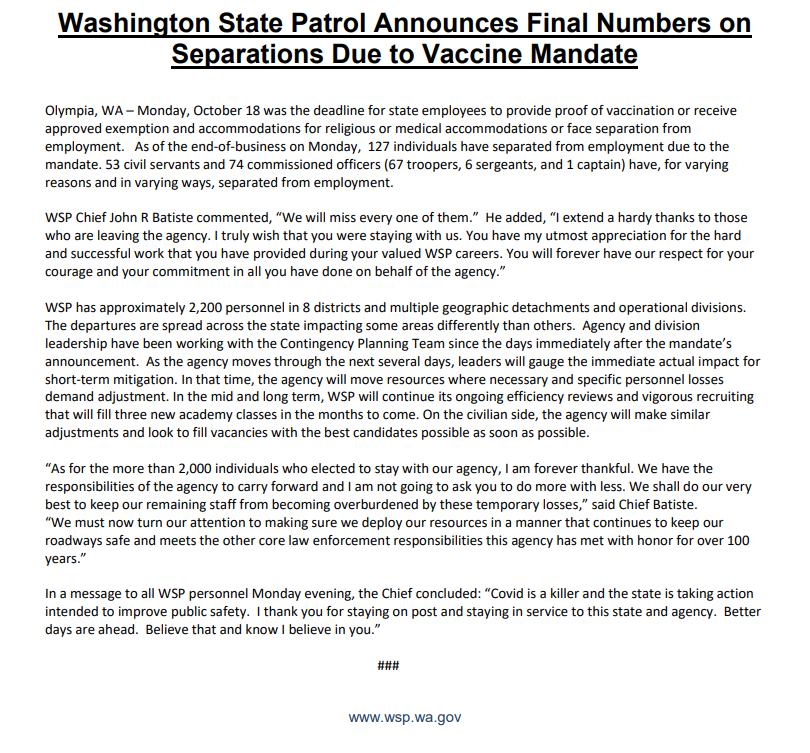 NeilFischerTV's tweet photo. The Washington State Patrol announcing that they've lost 127 employees due to the COVID-19 vaccine mandate in Washington state. #GMNW @KAPPKVEW https://t.co/6iJ7CK6sUV