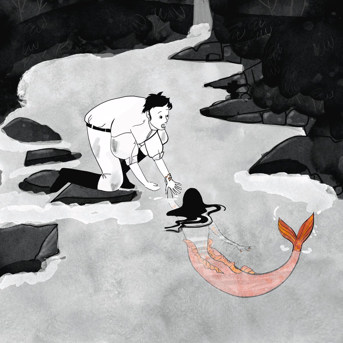 SpikeDeane's tweet photo. Just as Lucas was bending over and reaching into the water with his hand, a mermaid grabbed him and pulled him down with her. “I paid a high price for you,” she said. #inktober2021 #fairytales #Mermaids #theredsilkribbon #schönwerth https://t.co/XLqqy1fvOp