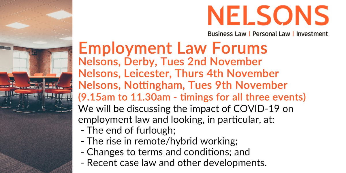 Our next series of #EmploymentLaw Forums are taking place in November at our #Derby, #Leicester and #Nottingham offices. The forums will consider the impact of #Covid_19 on employment law, including the rise of remote and hybrid working. 
Book your place👉bit.ly/3DPjWgc