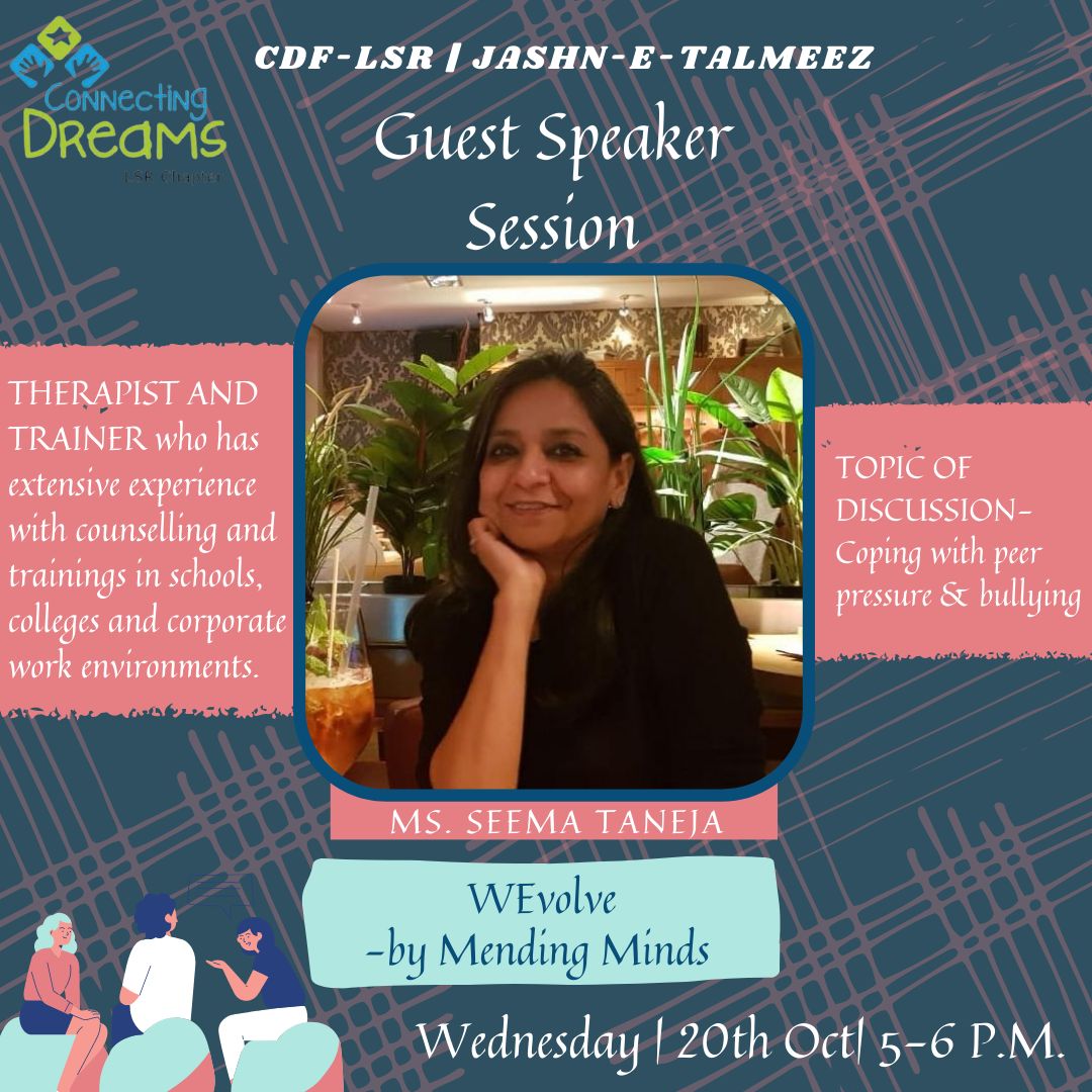 CdfLsr's tweet photo. Greetings from Connecting Dreams Foundation,LSR!✨🌺🌻

CDF-LSR will commence DAY 6 of ”Jashn-e-Talmeez”✨by hosting a Guest Speaker Session called

 WEvolve
~by Mending Minds https://t.co/6IYs4PKWp8