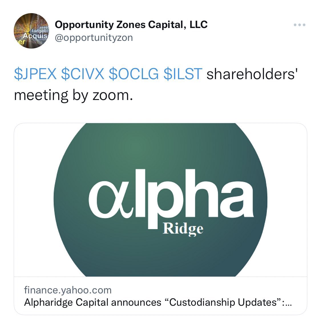 Frank, can we expect a CC next week to go over tickers such as $NOUV &amp; $PRDL, too? To add, are you allowed to share any info regarding the share cancellation for $PRDL &amp; the process? God bless! <a href="/GiveMePower5/">GiveMePower</a> <a href="/Alpharidge_Cap/">Alpharidge Capital, LLC</a> <a href="/opportunityzon/">Opportunity Zones Capital, LLC</a>