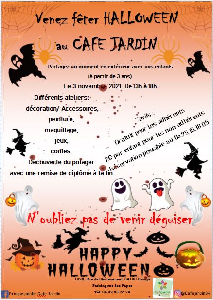 Venez passer un moment le 3 novembre avec vos enfants ou petits enfants déguisé pour fêter halloween au sein de nos locaux et l'équipe... différents ateliers seront disponible, une buvette, crepes et gâteaux en ventes... n'hésitez pas à nous appeler pour plus d'informations