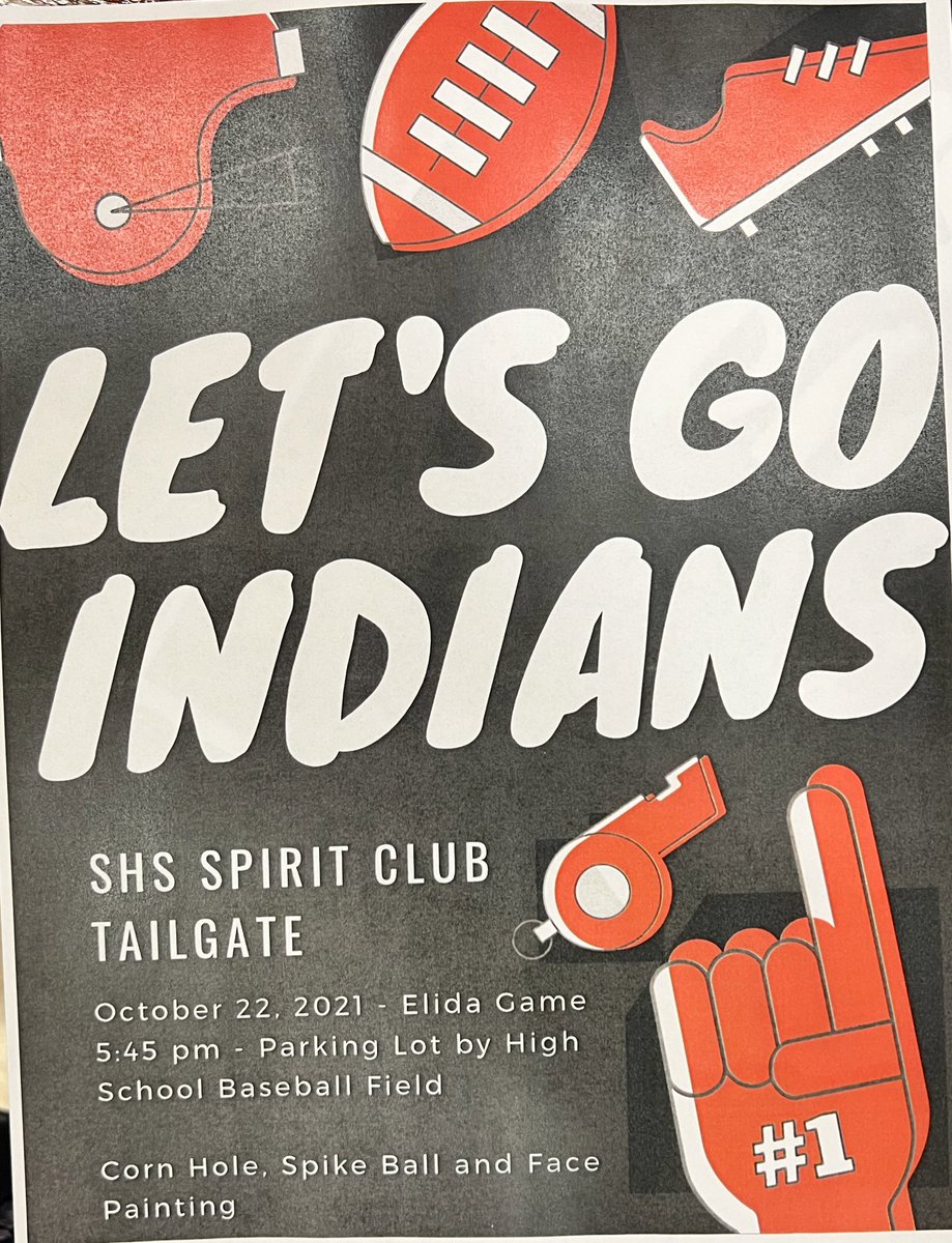 SHSspiritpage's tweet photo. SPIRIT CLUB TAILGATE FRIDAY @ 5:45 BEFORE THE GAME‼️EVERYONE IS WELCOME, SO BRING YOUR FRIENDS! Bring paint, signs, etc!! #gotribe #beatelida #bethere https://t.co/XJGfEflVRf