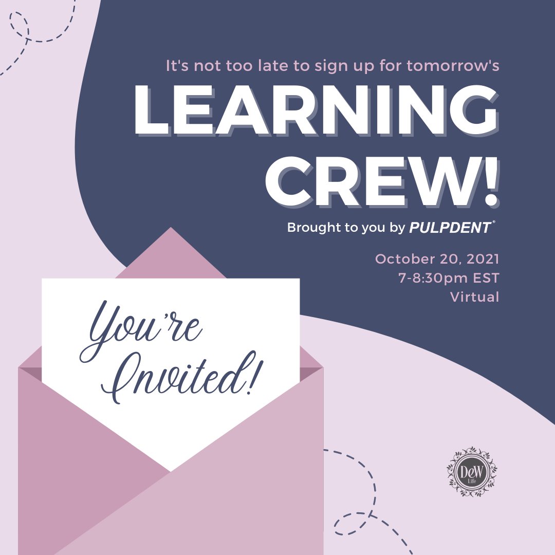 It's not too late to sign up for tomorrow's Learning Crew! 

2 keynote speakers - Valerie Menzel and Leanne Burnett!
Breakout sessions!
Virtual happy hour!

Connect with your fellow DeWs tomorrow, October 20, 2021, 7-8:30pm ET 

Learn more and register! buff.ly/3pZV3ZS